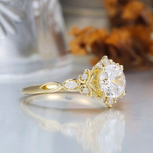 14K Vintage Blumen-Halo Moissanit Rundschliff Gelbgold Moissanit Verlobungsring Filigranring