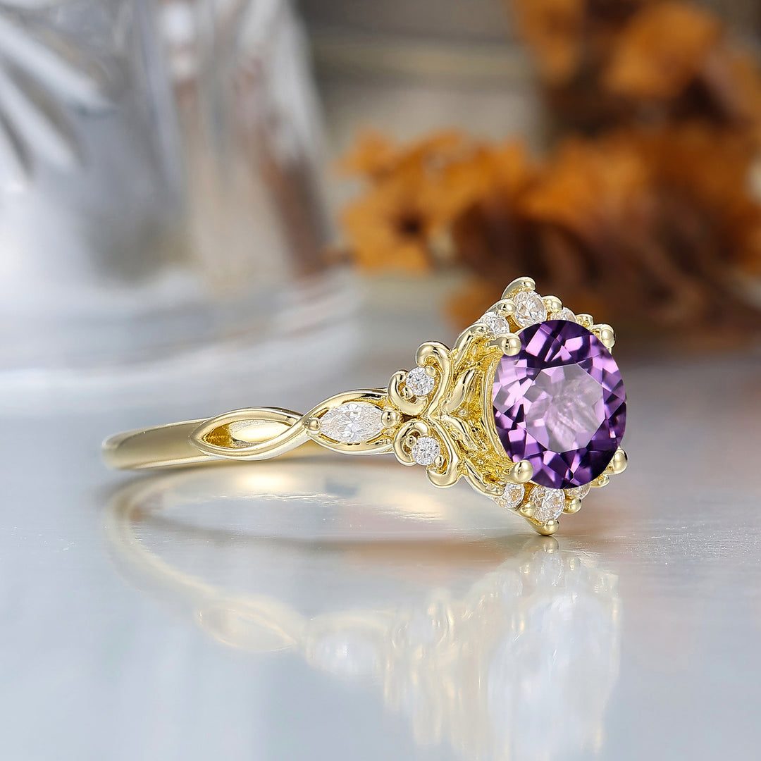 14K Vintage Floral Halo Natural Amethyst Round Cut Yellow Gold Engagement Ring Filigree Ring -  Esdomera.com