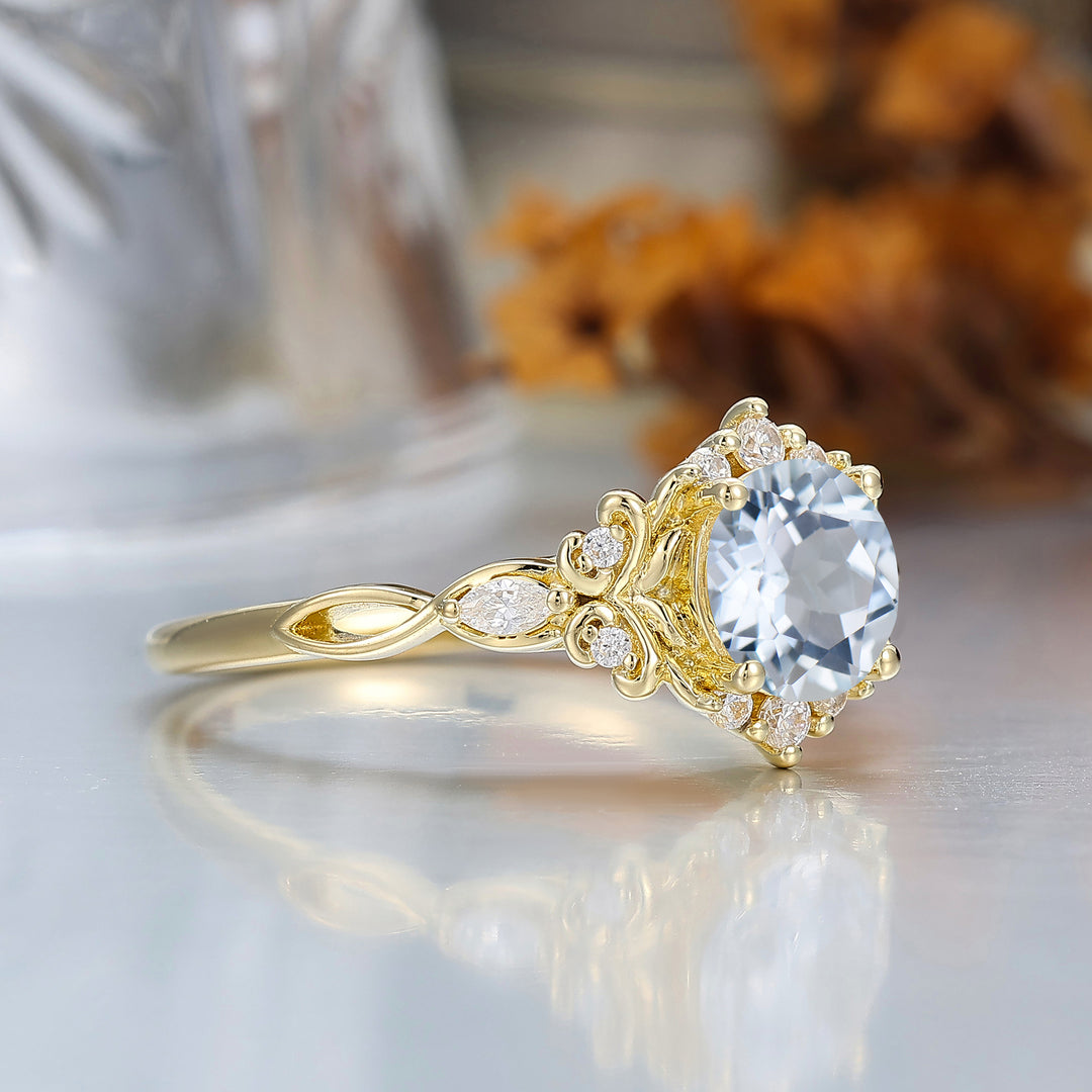 14K Vintage Floral Halo Aquamarine Round Cut Yellow Gold Engagement Ring Filigree Ring