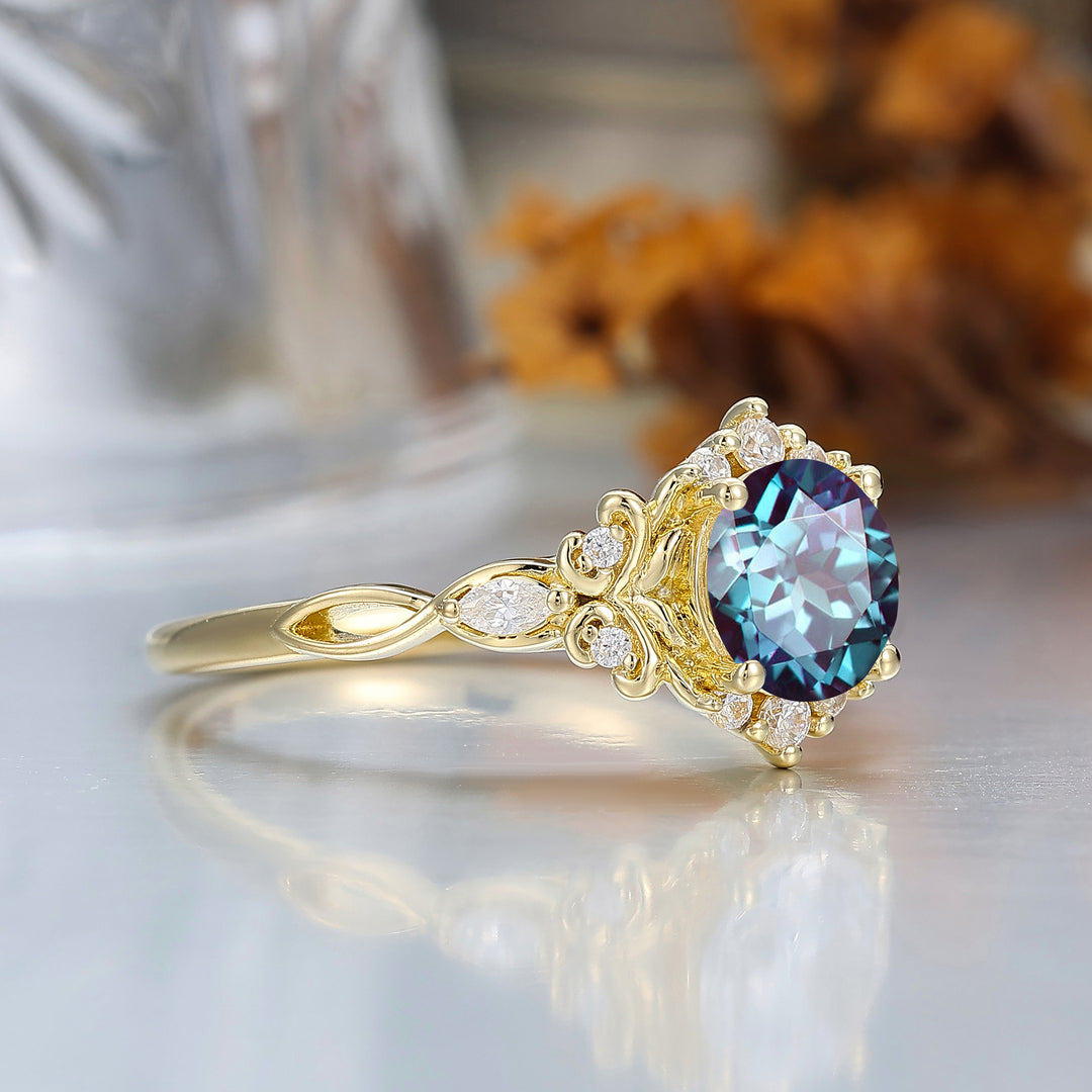 14K Vintage Floral Halo Alexandrite Round Cut Yellow Gold Moissanite Engagement Ring Filigree Ring -  Esdomera.com