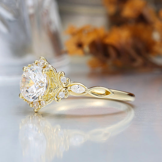 14K Vintage Blumen-Halo Moissanit Rundschliff Gelbgold Moissanit Verlobungsring Filigranring