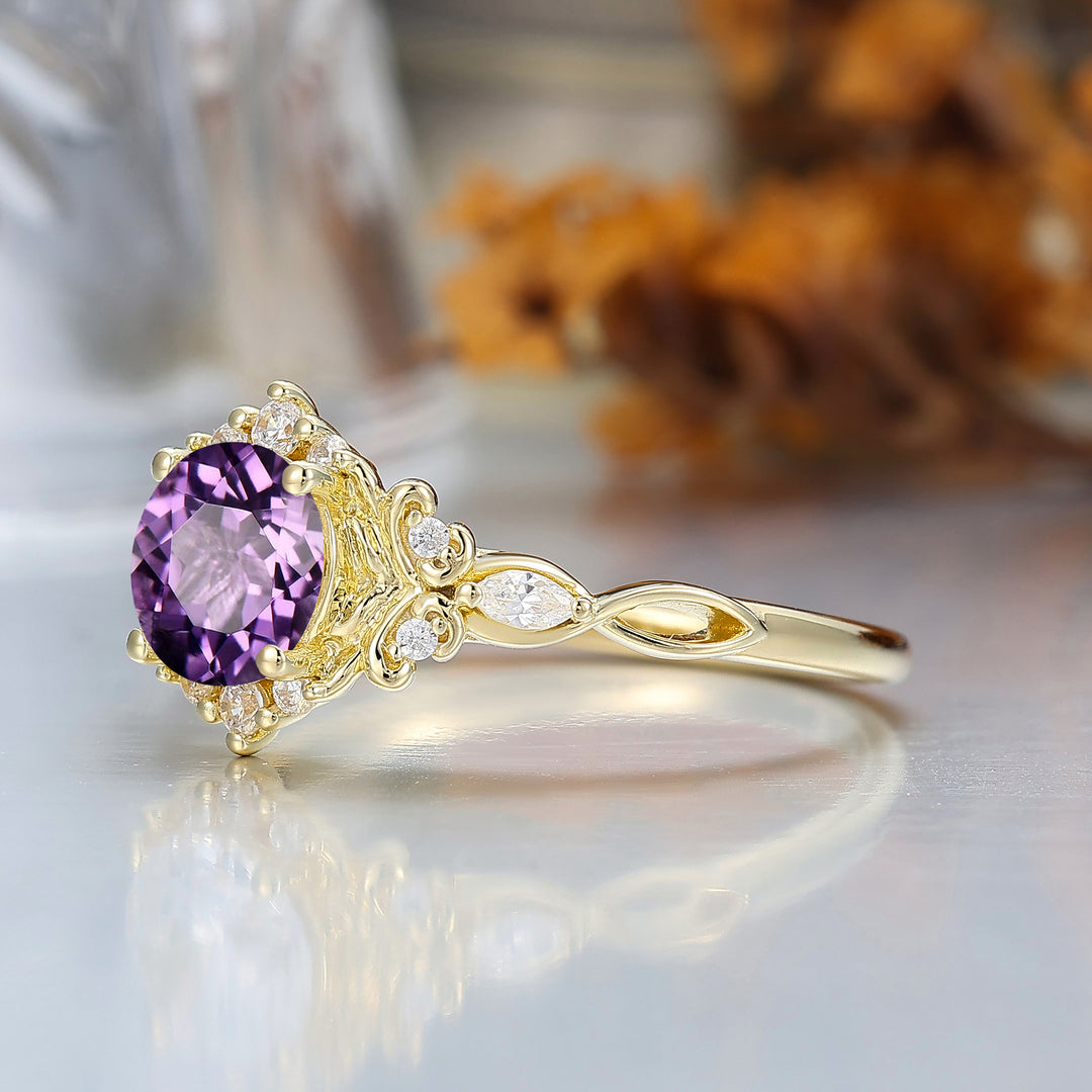 14K Vintage Floral Halo Natural Amethyst Round Cut Yellow Gold Engagement Ring Filigree Ring -  Esdomera.com