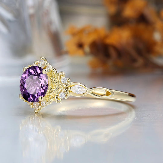 14K Vintage Floral Halo Natural Amethyst Round Cut Yellow Gold Engagement Ring Filigree Ring -  Esdomera.com