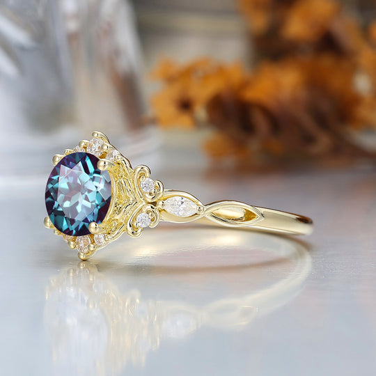 14K Vintage Floral Halo Alexandrite Round Cut Yellow Gold Moissanite Engagement Ring Filigree Ring -  Esdomera.com