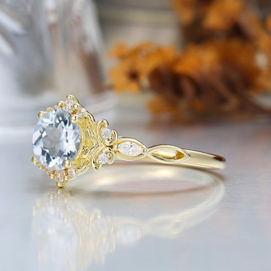 14K Vintage Floral Halo Aquamarine Round Cut Yellow Gold Engagement Ring Filigree Ring