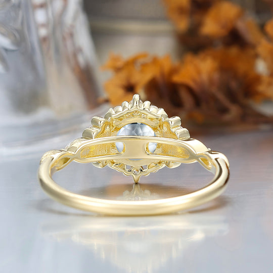 14K Vintage Floral Halo Aquamarine Round Cut Yellow Gold Engagement Ring Filigree Ring