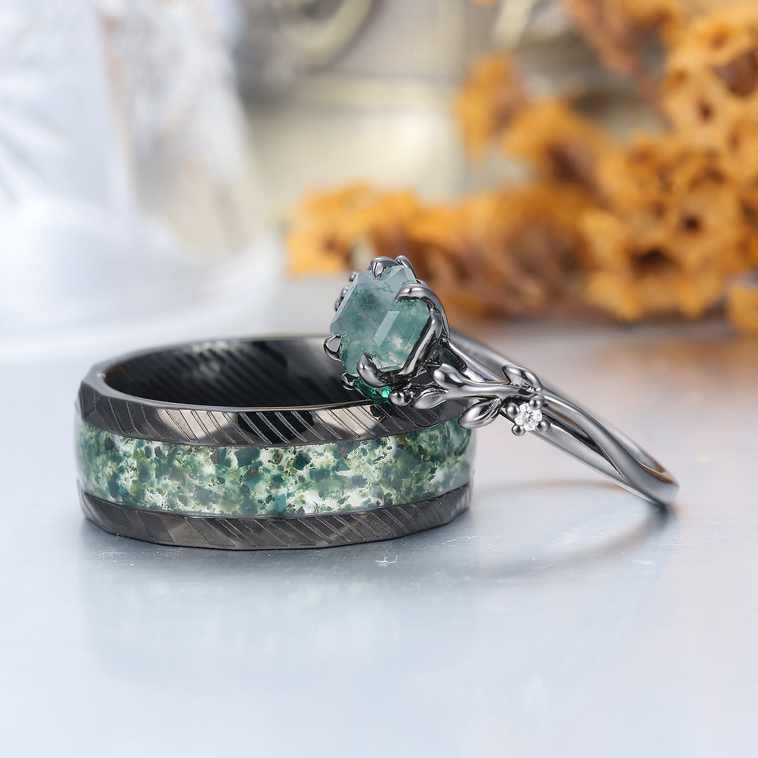 Anelli di Fidanzamento Coppia in Agata Muschio con Rametto Squisito Anello di Promessa in Acciaio Damascato Fedi Nuziali Lui e Lei