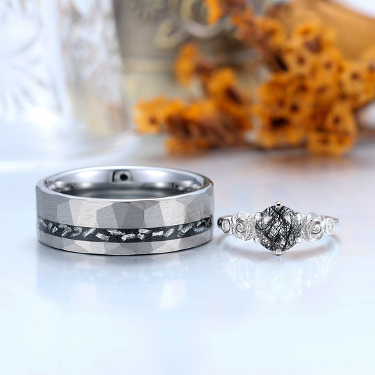 Floral Engraved Round Black Rutilated Quartz Couple Rings S925 And Tungsten Ring Set