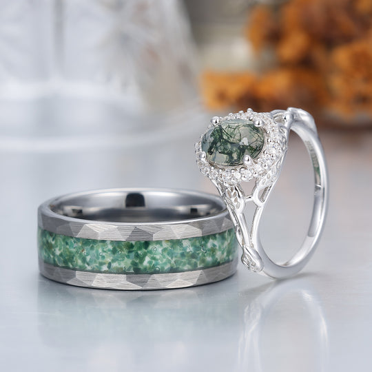 Anelli da Coppia Personalizzati con Agata Muschio Verde ovale a Corona Floreale - Set Unico di Fedi nuziali
