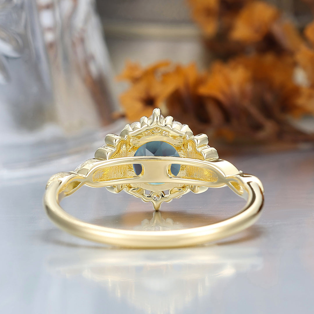 14K Vintage Floral Halo Alexandrite Round Cut Yellow Gold Moissanite Engagement Ring Filigree Ring -  Esdomera.com