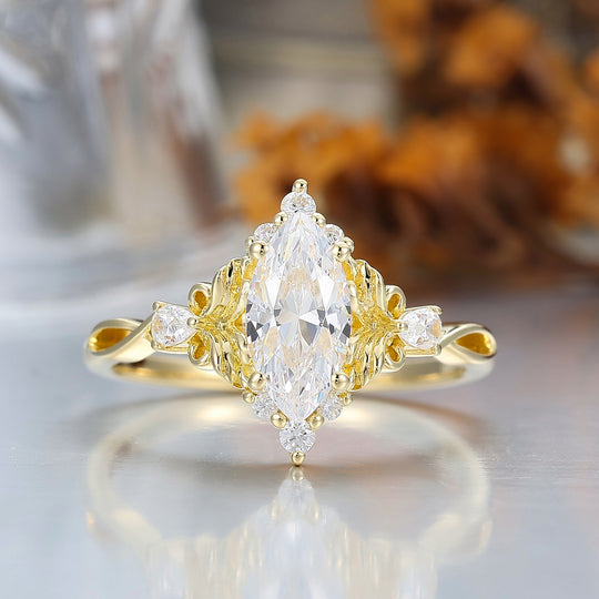 Artsy Bague de Fiançailles Feuille Florale Design Moissanite 1CT Taille Marquise Moissanite Anneau Creux