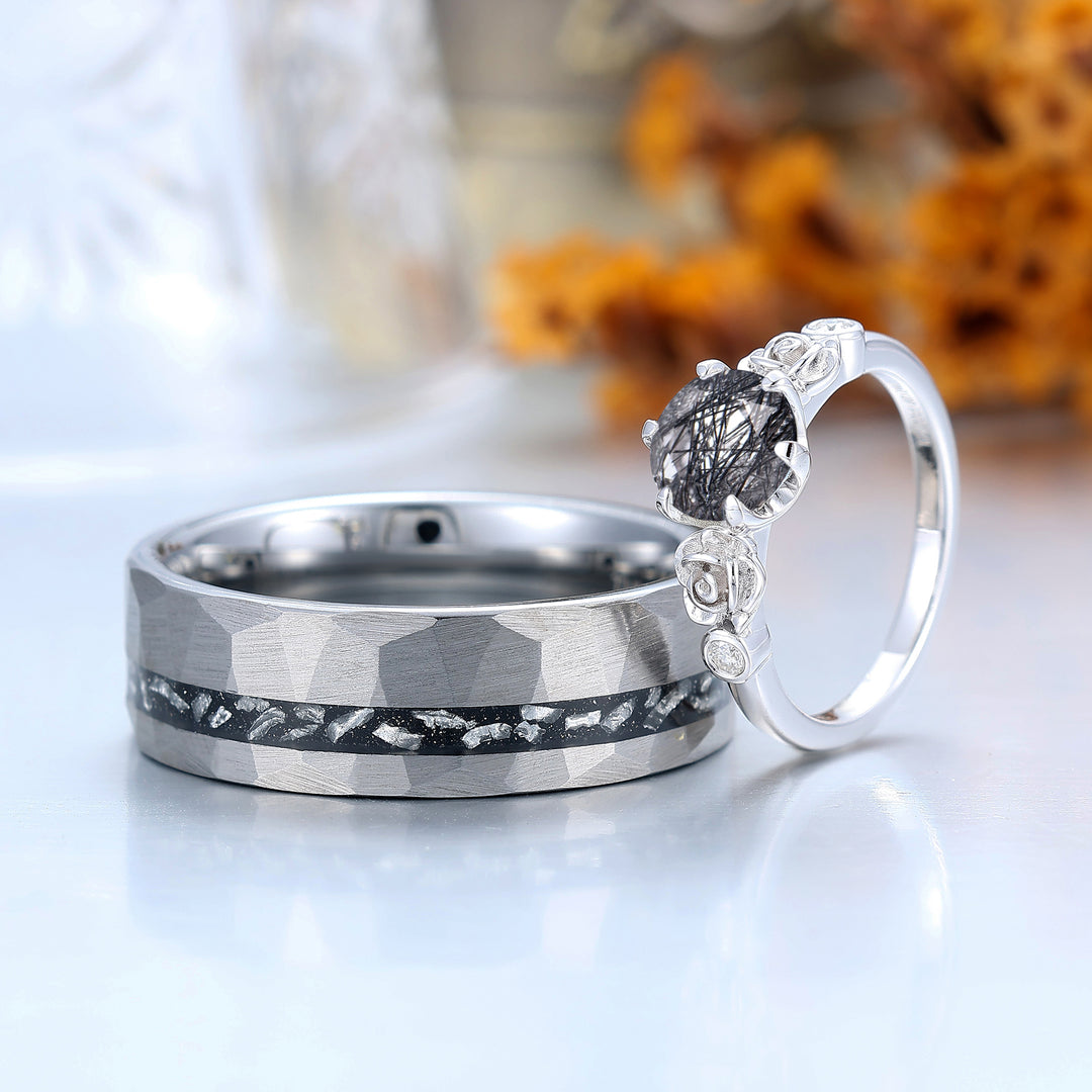 Floral Engraved Round Black Rutilated Quartz Couple Rings S925 And Tungsten Ring Set