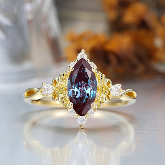 Artsy Bague de Mariage à Feuille Florale avec Alexandrite 1CT Taille Marquise Moissanite Anneau Creux
