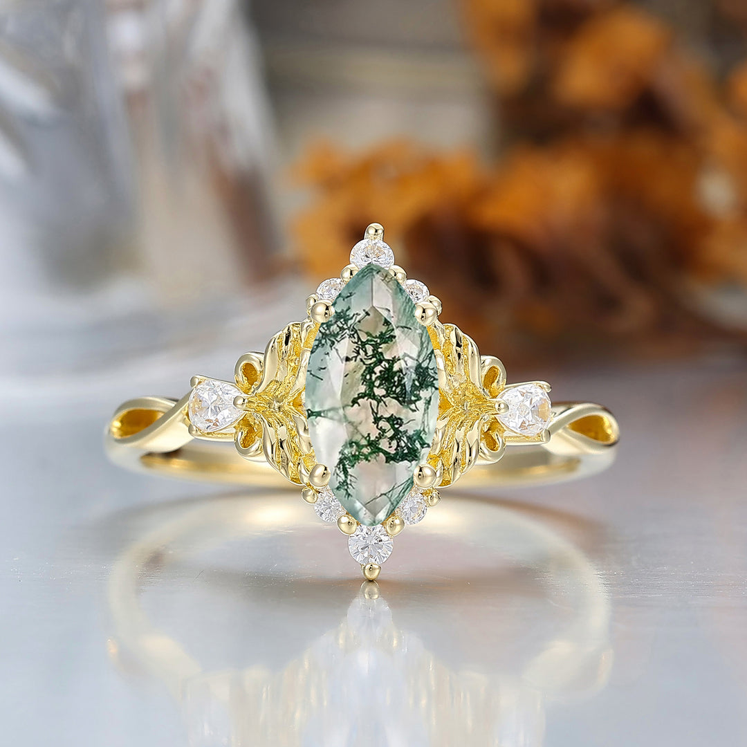 Natural Inspired Marquise Cut Green Moss Agate Bridal Ring Vintage Leaf Women Ring