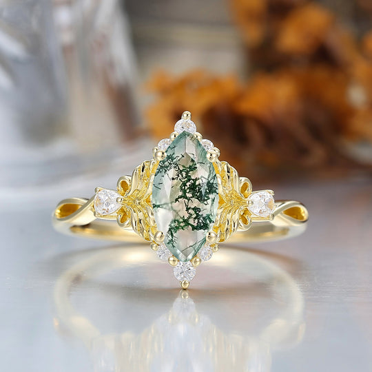 Natural Inspired Marquise Cut Green Moss Agate Bridal Ring Vintage Leaf Women Ring
