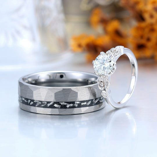Artsy Rose Engraved Round Moissanite Couple Rings Unique Marriage Ring Set