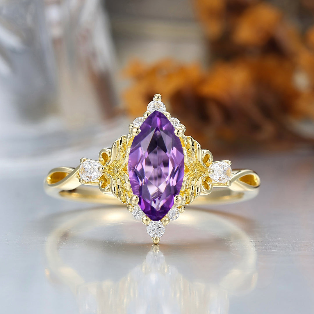 Floral Leaf Design Marquise Cut Amethyst Bridal Ring Yellow Gold Band Amethyst Women Ring
