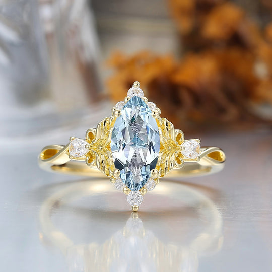 Exquisito anello nuziale con acquamarina blu taglio marquise, stile floreale, anello di fidanzamento in argento sterling 925