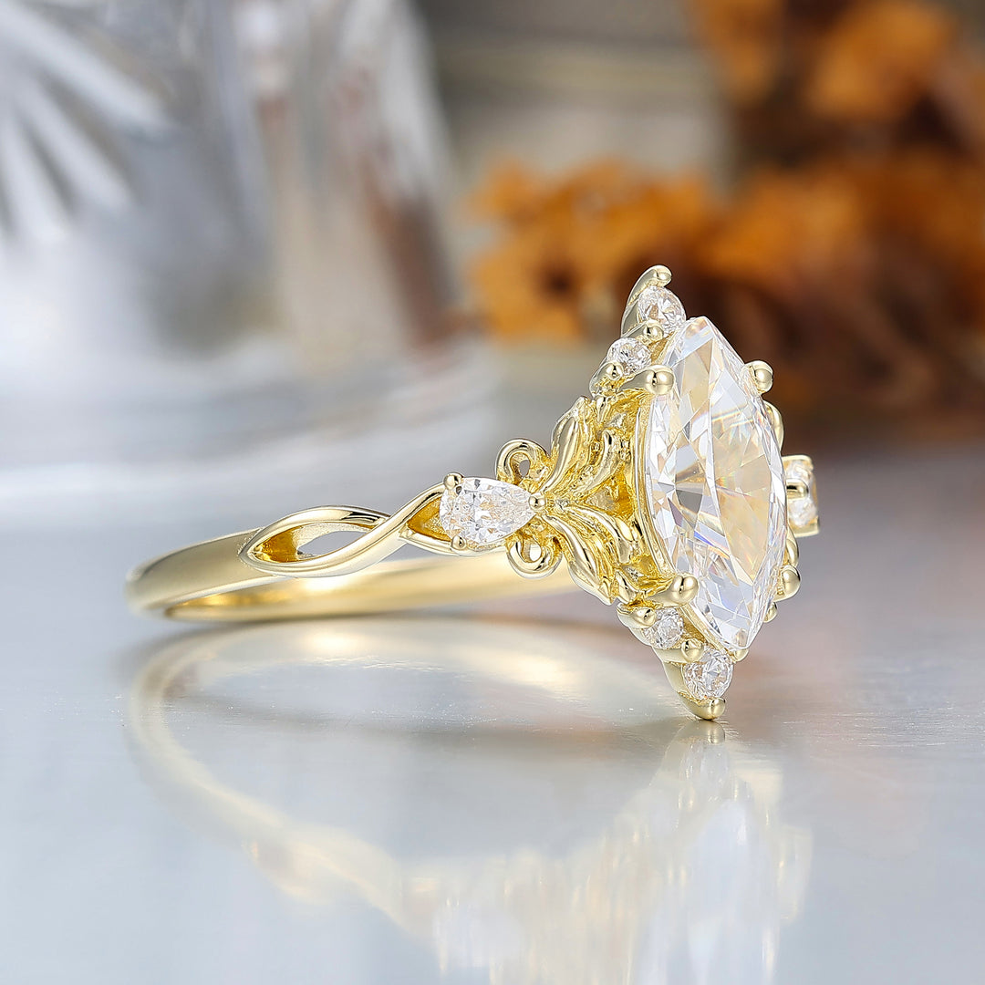 Artsy Bague de Fiançailles Feuille Florale Design Moissanite 1CT Taille Marquise Moissanite Anneau Creux