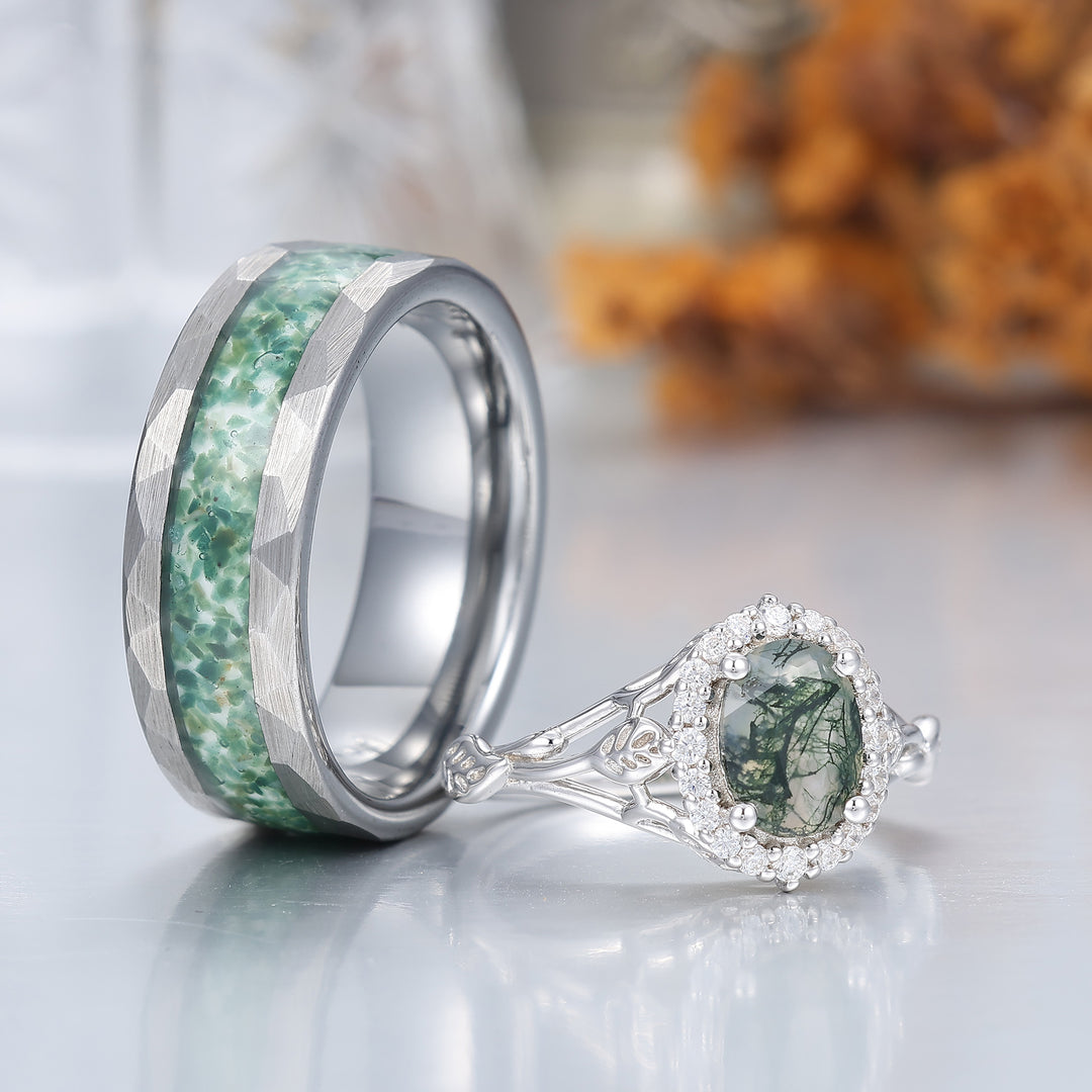 Anelli da Coppia Personalizzati con Agata Muschio Verde ovale a Corona Floreale - Set Unico di Fedi nuziali