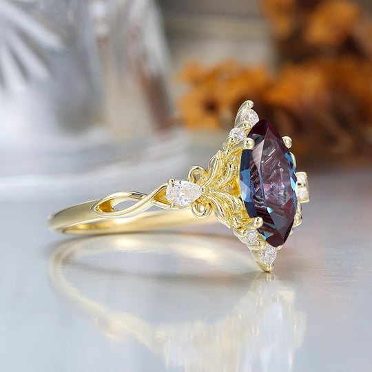 Artsy Bague de Mariage à Feuille Florale avec Alexandrite 1CT Taille Marquise Moissanite Anneau Creux