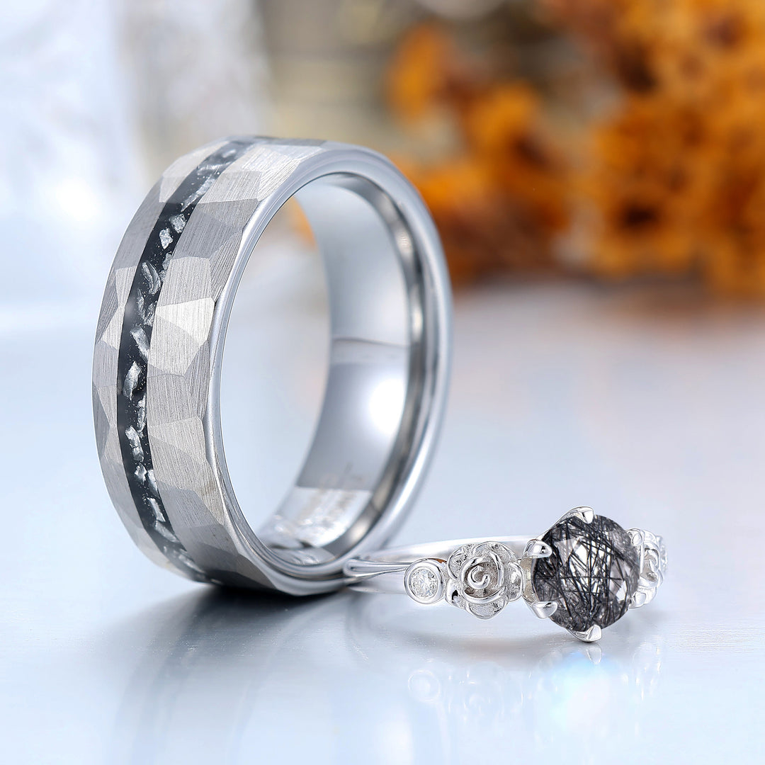 Floral Engraved Round Black Rutilated Quartz Couple Rings S925 And Tungsten Ring Set