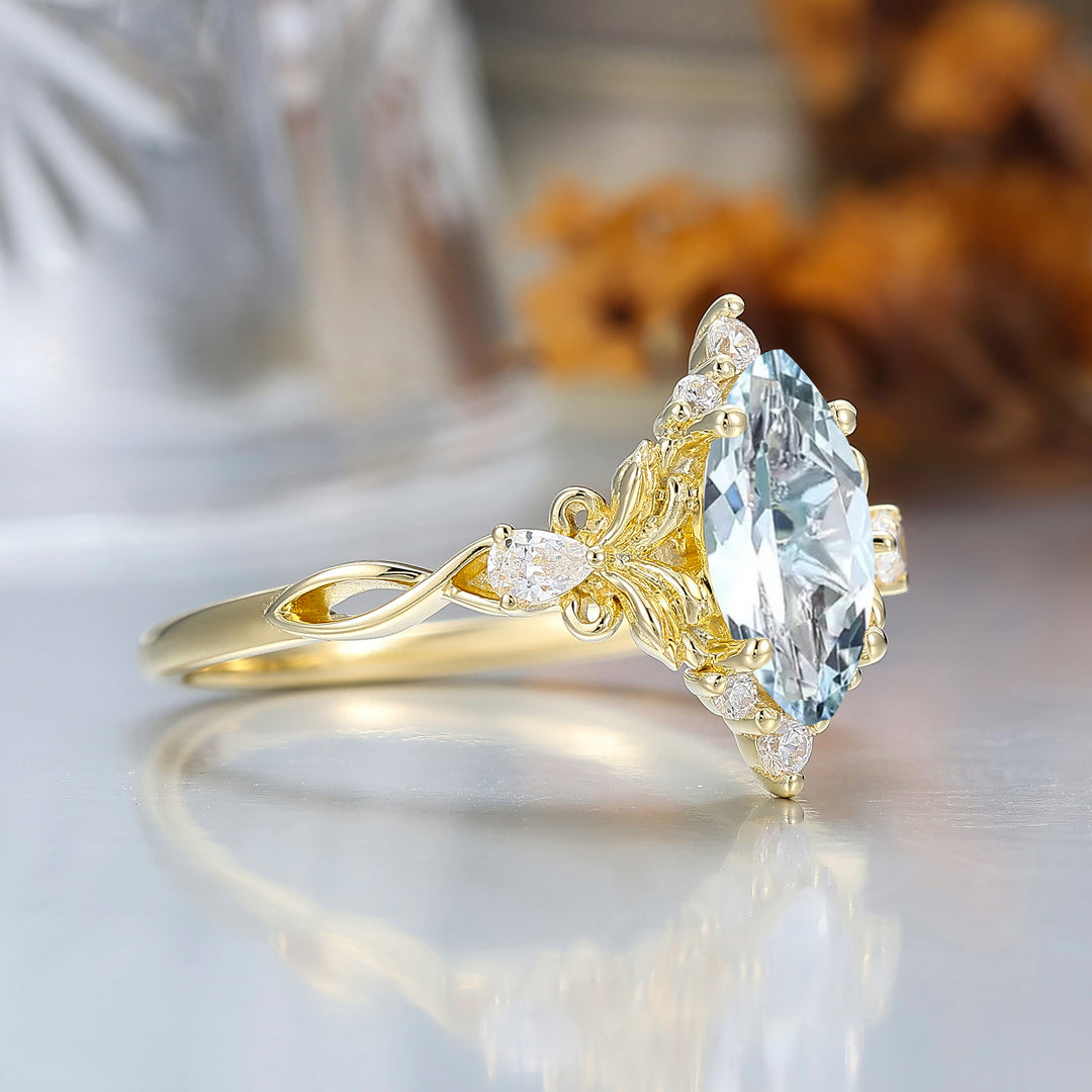 Exquisito anello nuziale con acquamarina blu taglio marquise, stile floreale, anello di fidanzamento in argento sterling 925