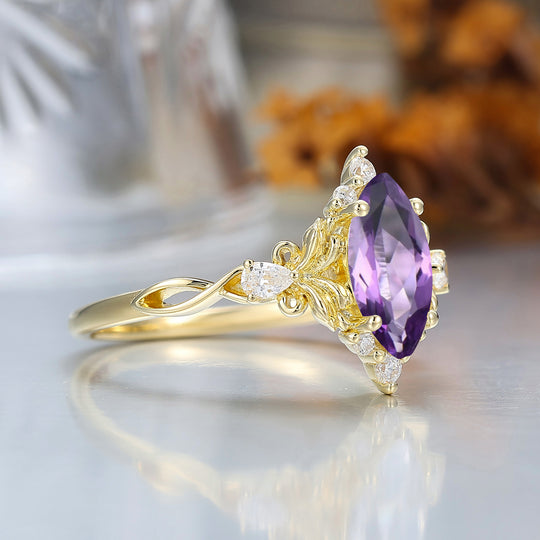 Floral Leaf Design Marquise Cut Amethyst Bridal Ring Yellow Gold Band Amethyst Women Ring