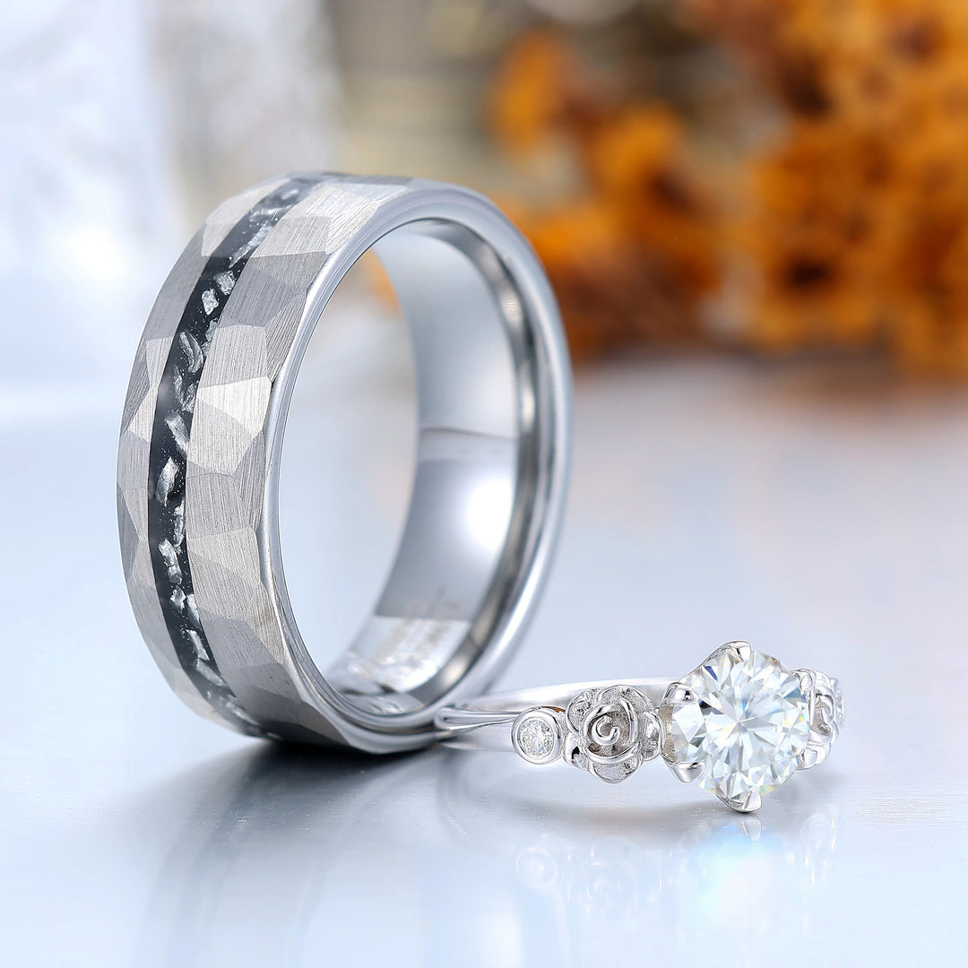 Artsy Rose Engraved Round Moissanite Couple Rings Unique Marriage Ring Set