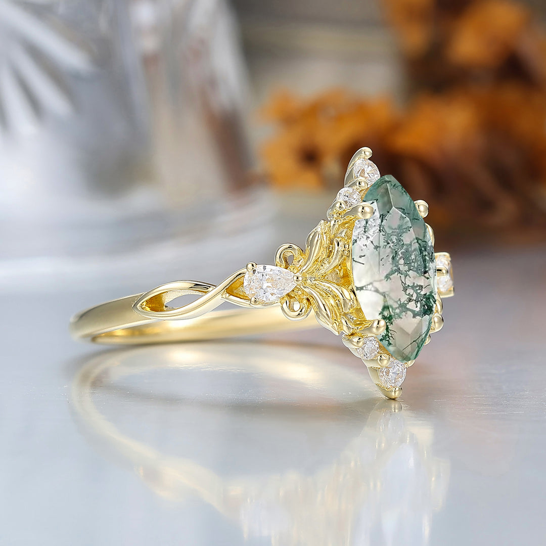 Natural Inspired Marquise Cut Green Moss Agate Bridal Ring Vintage Leaf Women Ring