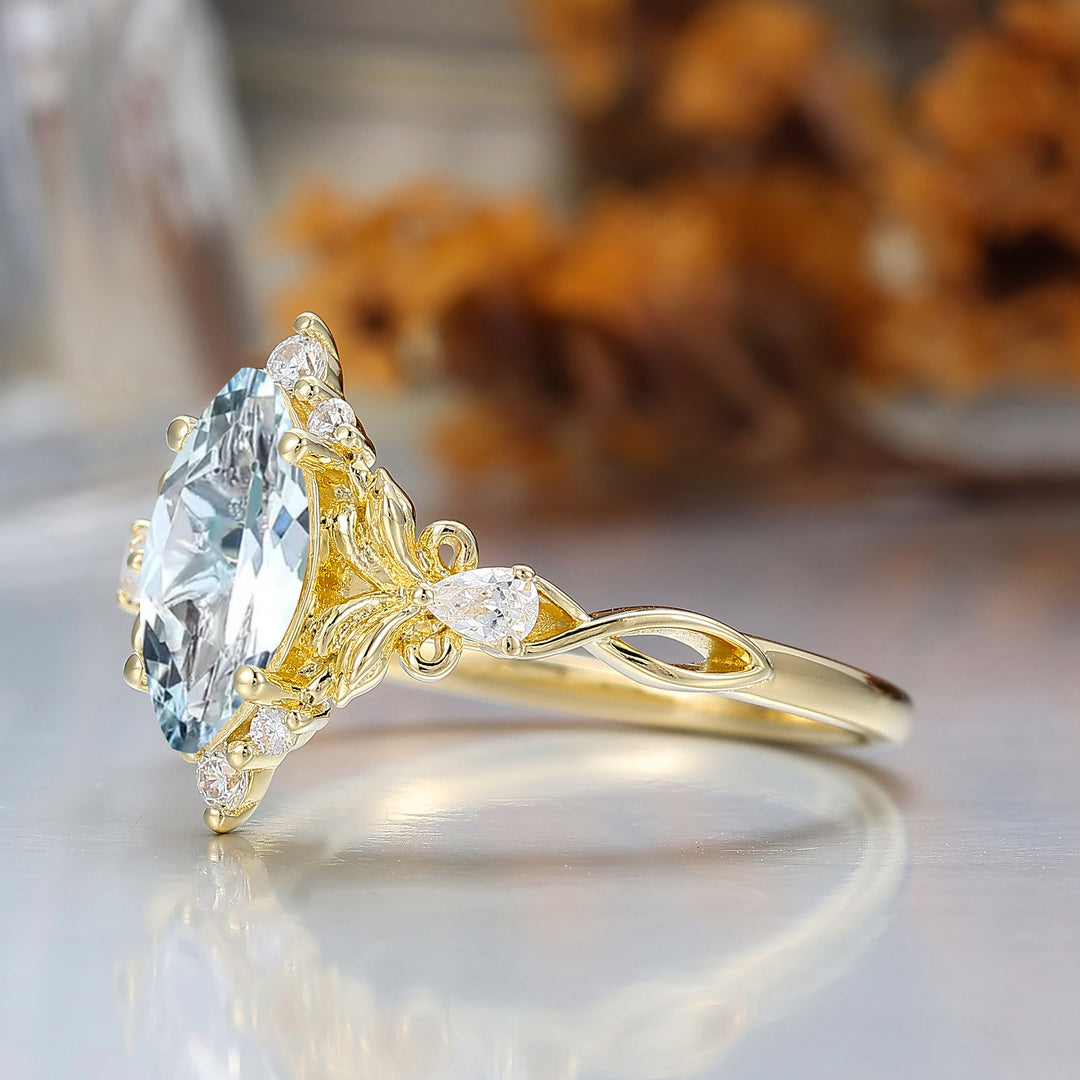 Exquisito anello nuziale con acquamarina blu taglio marquise, stile floreale, anello di fidanzamento in argento sterling 925