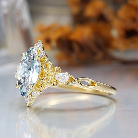Exquisito anello nuziale con acquamarina blu taglio marquise, stile floreale, anello di fidanzamento in argento sterling 925