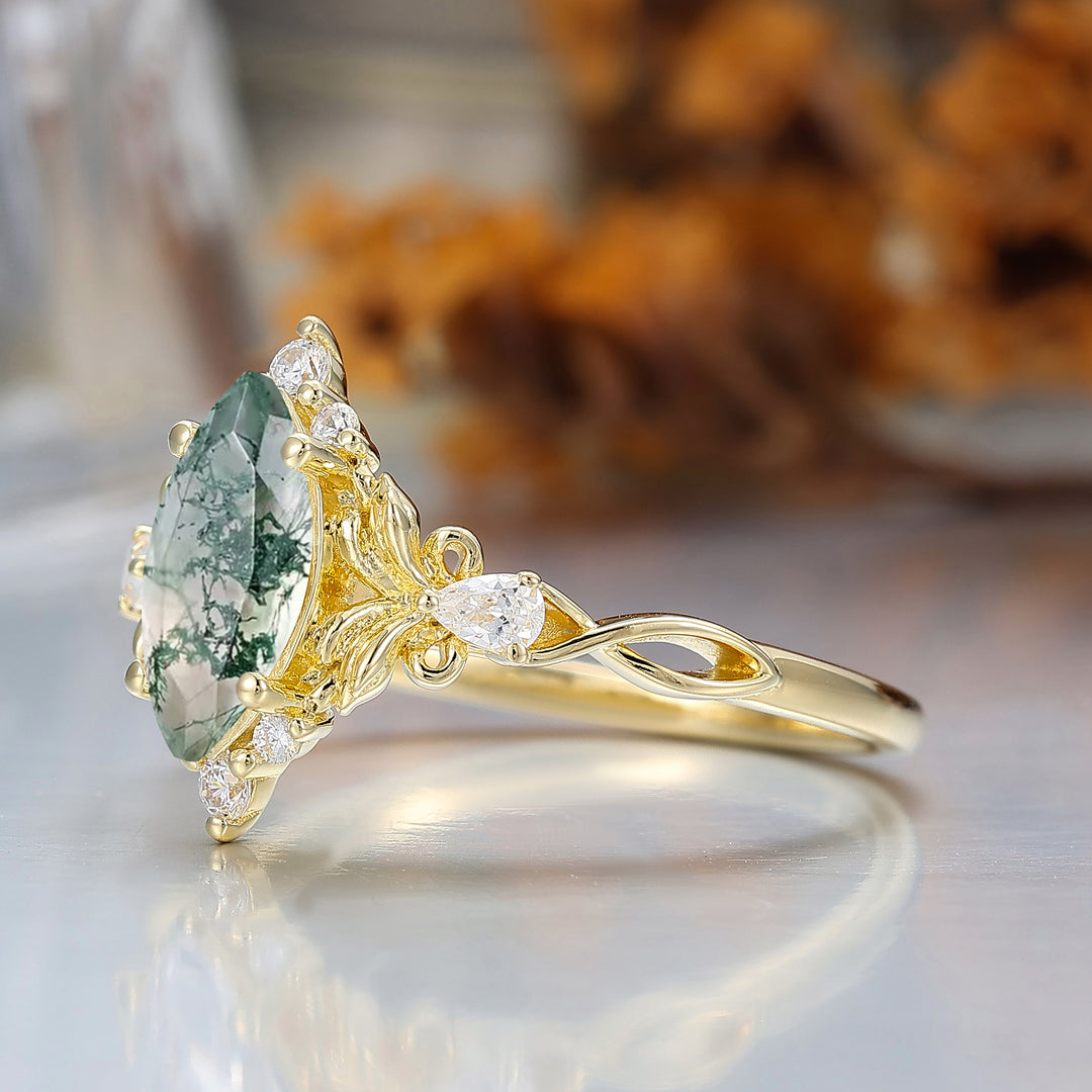 Natural Inspired Marquise Cut Green Moss Agate Bridal Ring Vintage Leaf Women Ring