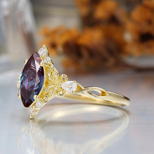 Artsy Bague de Mariage à Feuille Florale avec Alexandrite 1CT Taille Marquise Moissanite Anneau Creux