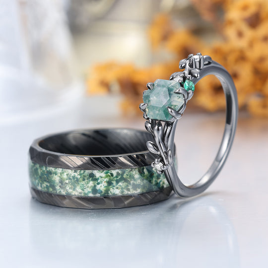 Anelli di Fidanzamento Coppia in Agata Muschio con Rametto Squisito Anello di Promessa in Acciaio Damascato Fedi Nuziali Lui e Lei