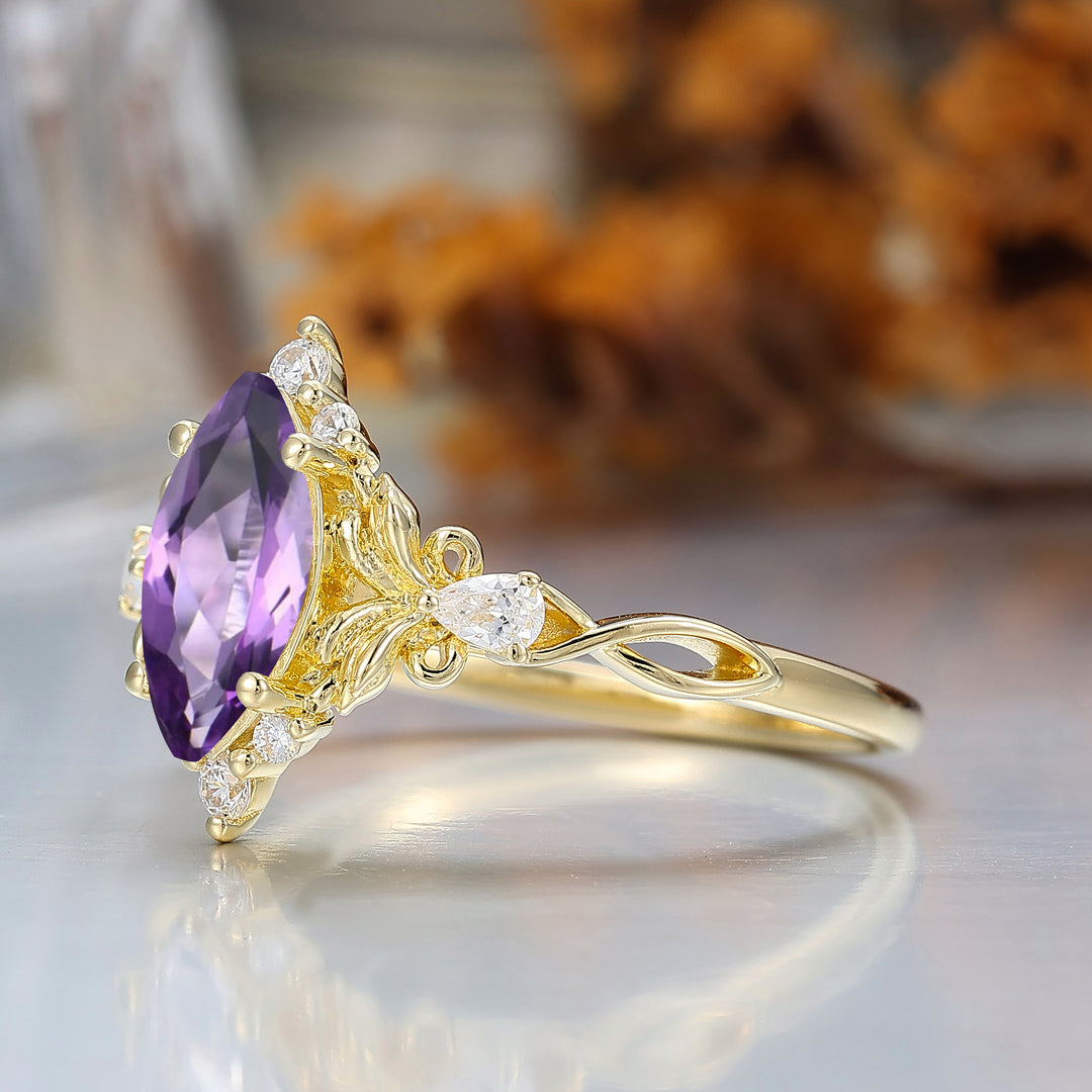 Floral Leaf Design Marquise Cut Amethyst Bridal Ring Yellow Gold Band Amethyst Women Ring