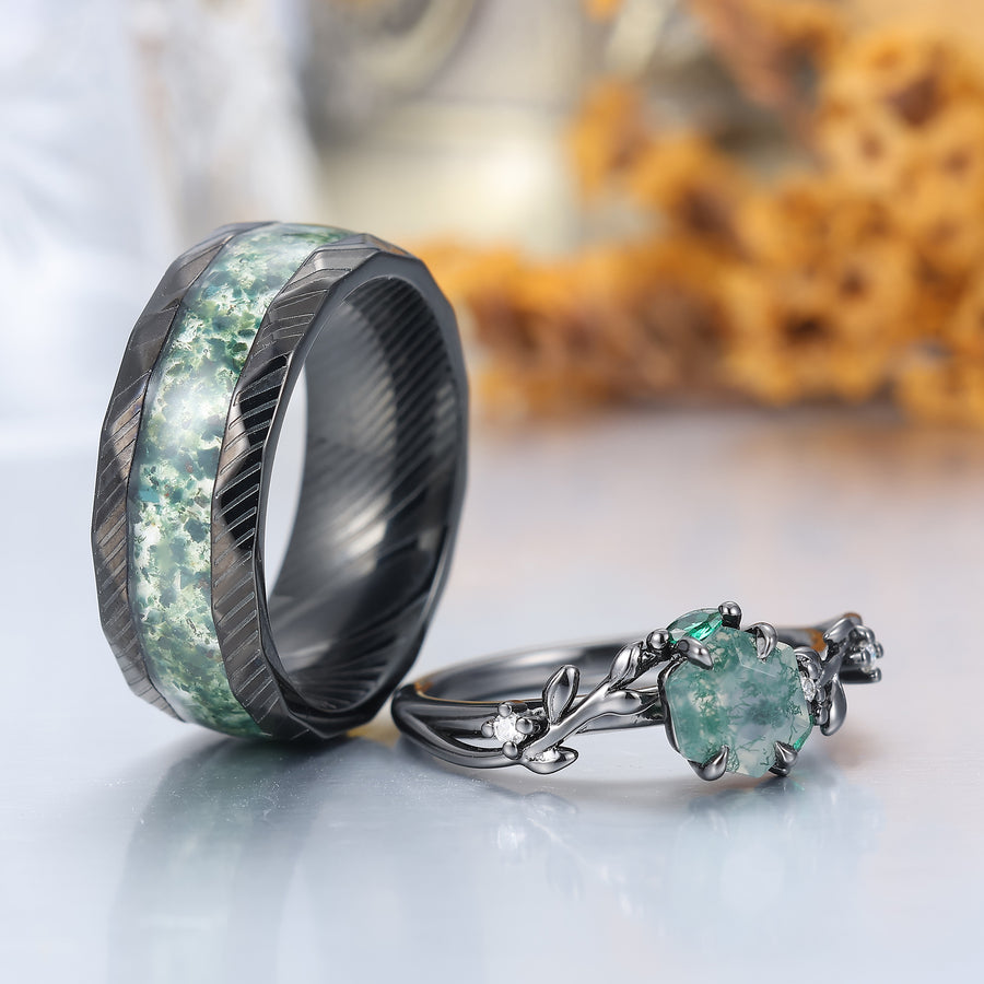 Exquisite Sprig Moss Agate Engagement Couple Rings Promise Damascus Steel His and Hers Wedding Band -  Esdomera.com