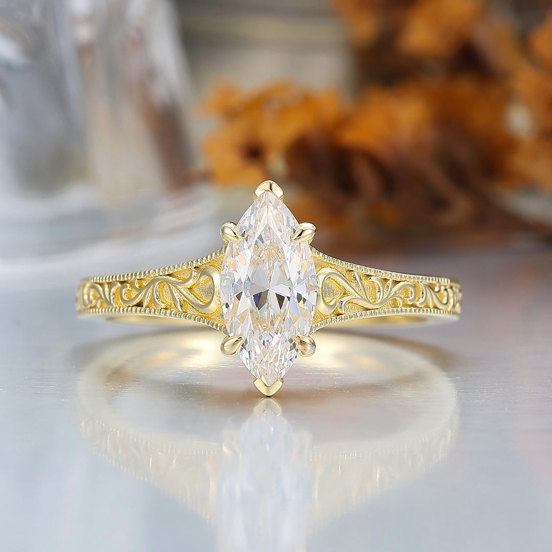 14K Vintage Marquise Solitaire Yellow Gold Moissanite Engagement Ring Filigree Wedding Ring