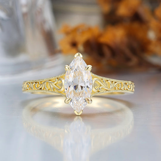 14K Vintage Marquise Solitaire Yellow Gold Moissanite Engagement Ring Filigree Wedding Ring
