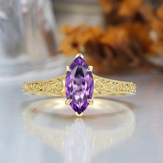 14K Vintage Marquise Solitaire Yellow Gold Natural Amethyst Engagement Ring Filigree Wedding Ring