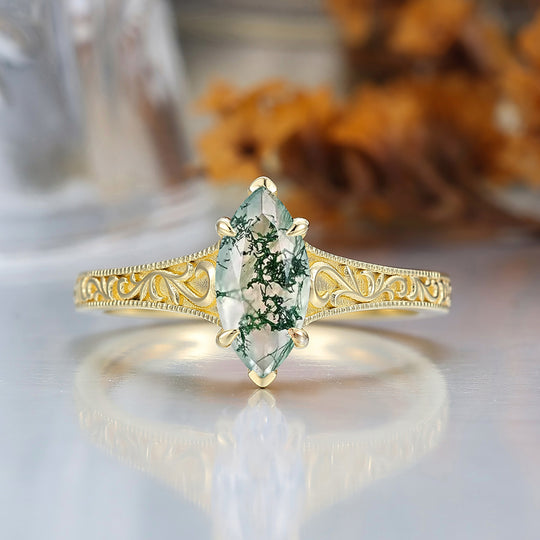 14K Vintage Marquise Solitaire Yellow Gold Natural Moss Agate Engagement Ring Filigree Wedding Ring