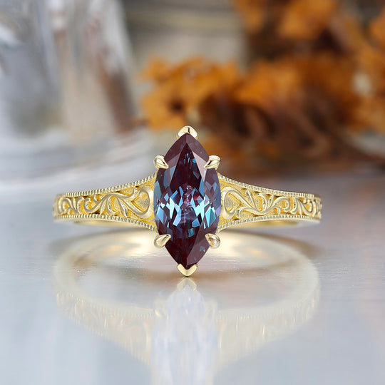 14K Vintage Marquise Solitaire Yellow Gold Alexandrite Engagement Ring Filigree Wedding Ring