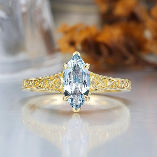 14K Vintage Solitario Marquise in Oro Giallo con Acquamarina Anello di Fidanzamento Anello Nuziale Filigrana