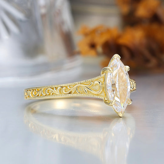 14K Vintage Marquise Solitaire Yellow Gold Moissanite Engagement Ring Filigree Wedding Ring
