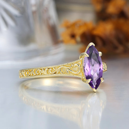14K Vintage Marquise Solitaire Yellow Gold Natural Amethyst Engagement Ring Filigree Wedding Ring