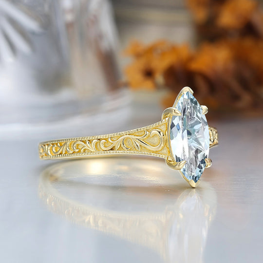 14K Vintage Solitario Marquise in Oro Giallo con Acquamarina Anello di Fidanzamento Anello Nuziale Filigrana