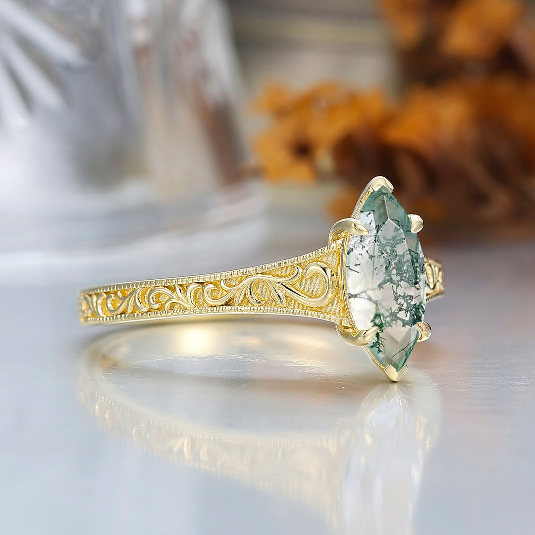14K Vintage Marquise Solitaire Yellow Gold Natural Moss Agate Engagement Ring Filigree Wedding Ring