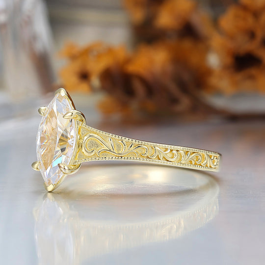 14K Vintage Marquise Solitaire Yellow Gold Moissanite Engagement Ring Filigree Wedding Ring