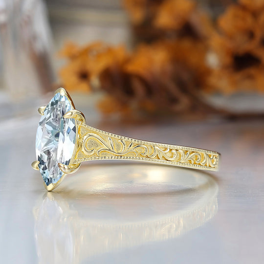 14K Vintage Solitario Marquise in Oro Giallo con Acquamarina Anello di Fidanzamento Anello Nuziale Filigrana