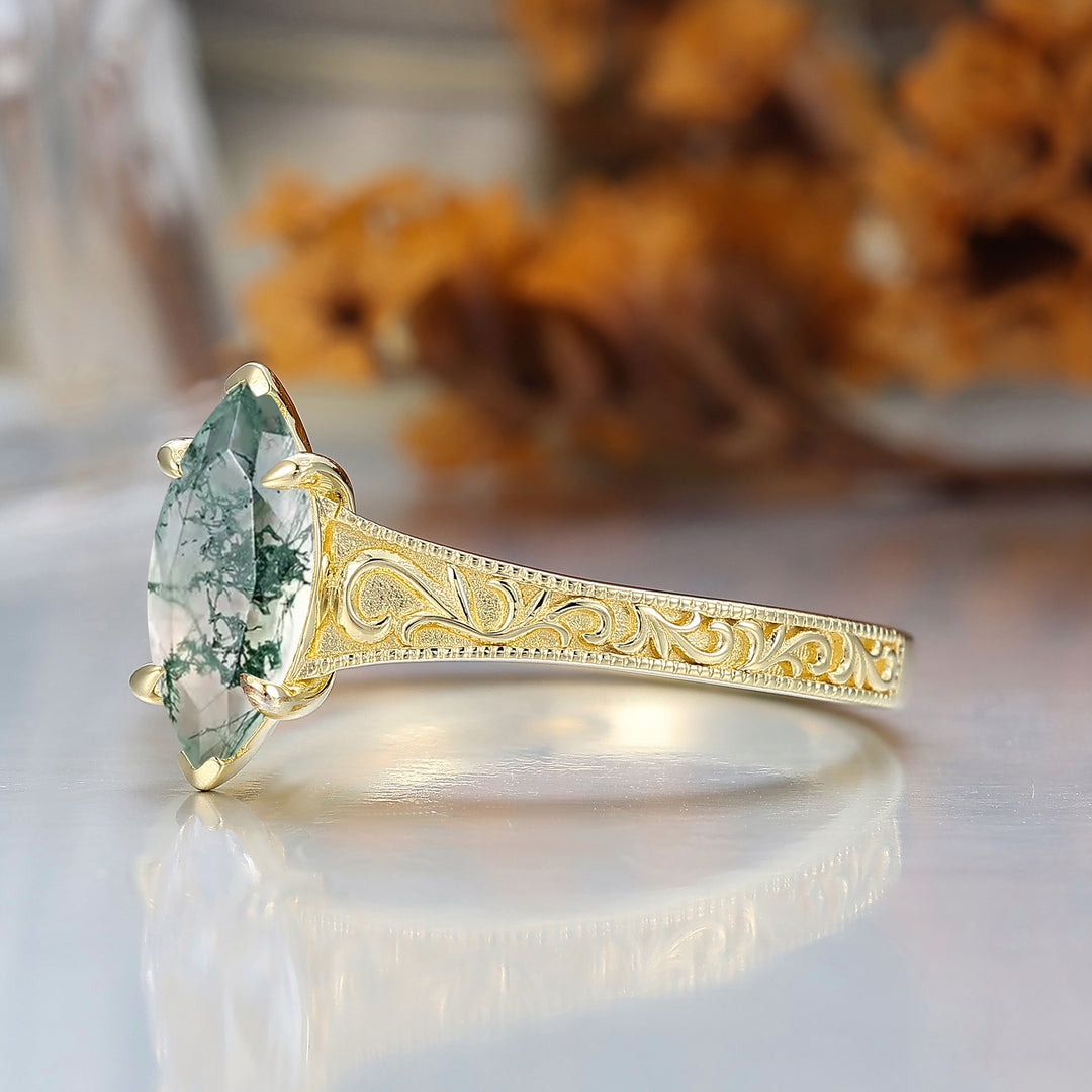 14K Vintage Marquise Solitaire Yellow Gold Natural Moss Agate Engagement Ring Filigree Wedding Ring